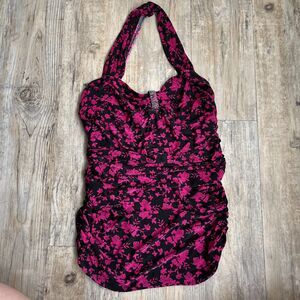 Express Halter Top Y2K Women's M Pink Black Vintage Floral Glam